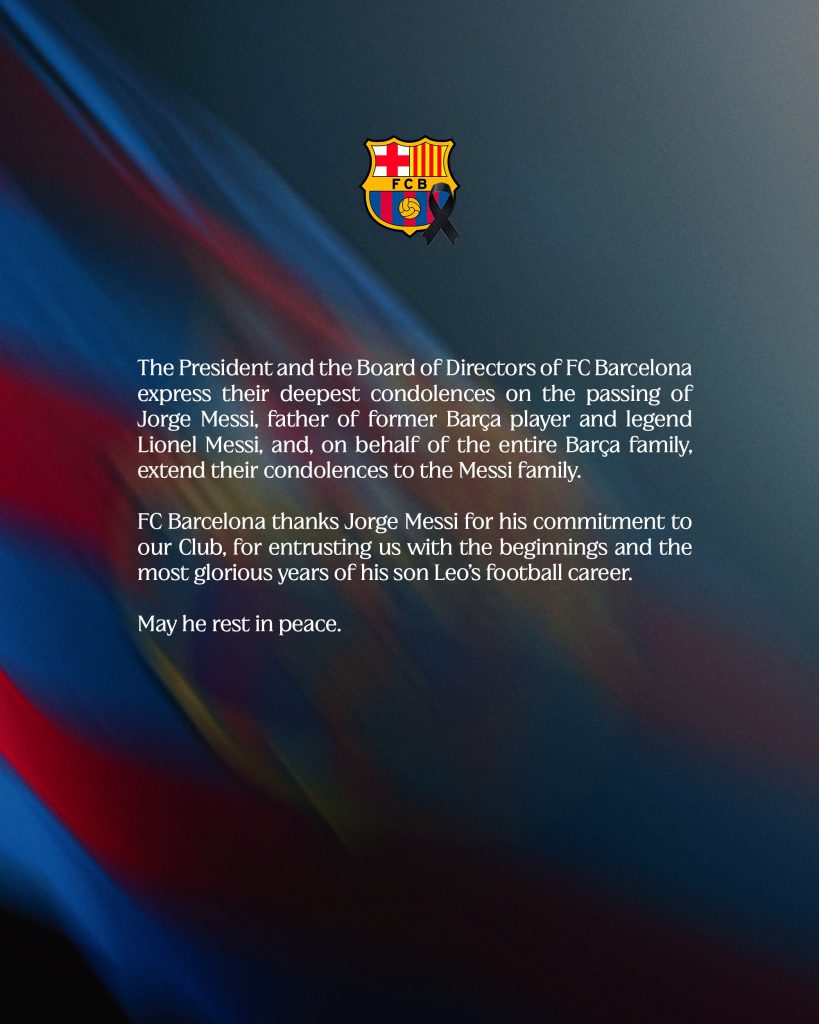 FC Barcelona Sends Condolences to Lionel Messi Over Father Jorge Messi’s Passing - Photo Credit : FC Barcelona, X