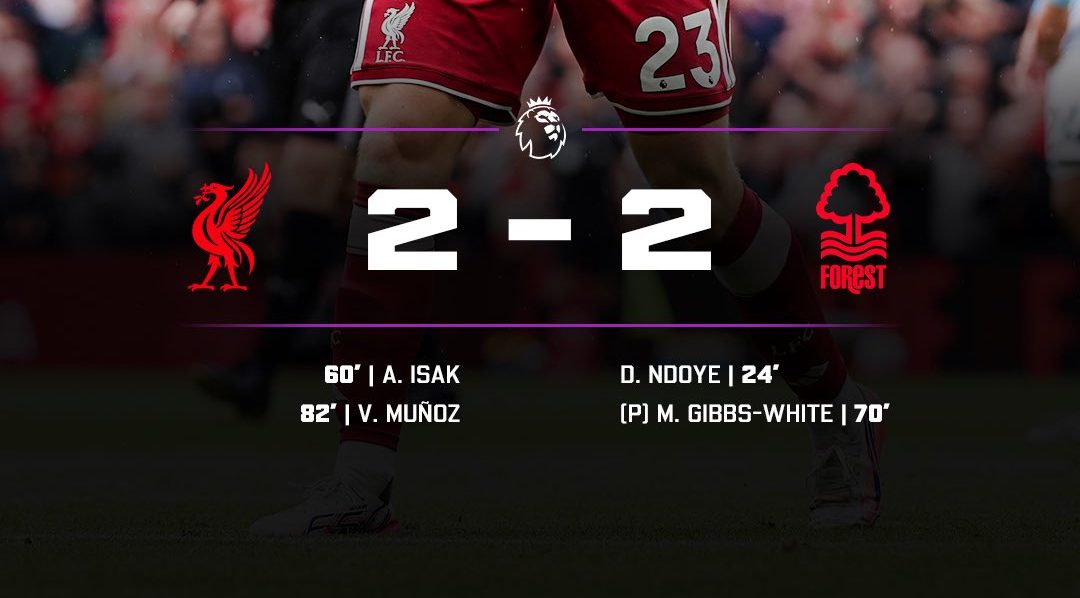 Liverpool and Nottingham Forest share points at Anfield- Photo credit: X media