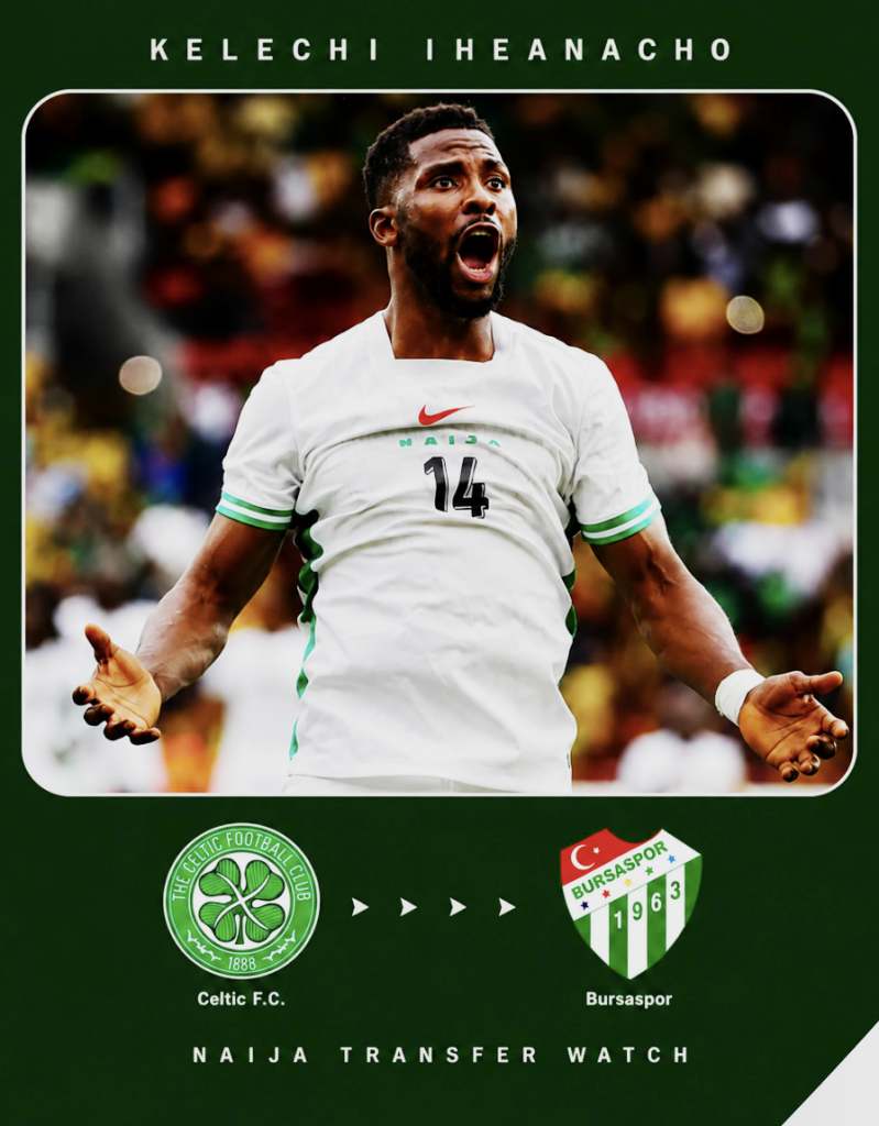Super Eagles striker Kelechi Iheanacho has completed a move to Turkish second-tier side Bursaspor following the expiration of his contract with Scottish champions Celtic - Photo Credit : Softfootball Media