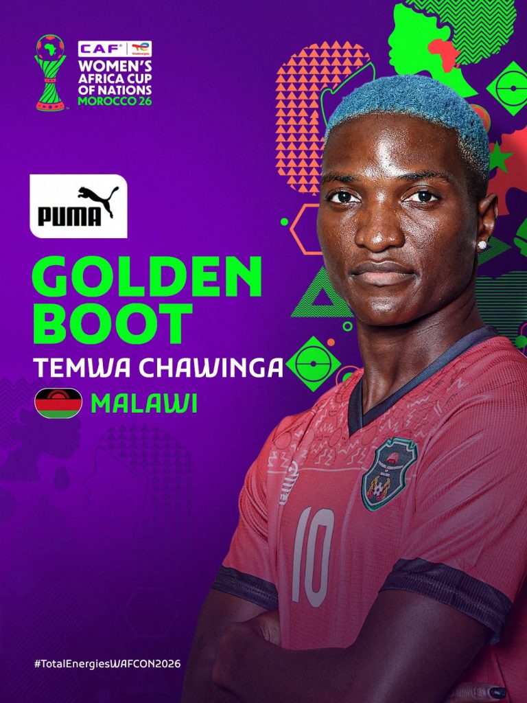 Temwa Chawinga wins the PUMA Golden Boot at the #TotalEnergiesWAFCON2026 - Photo Credit : CAF Women, Facebook