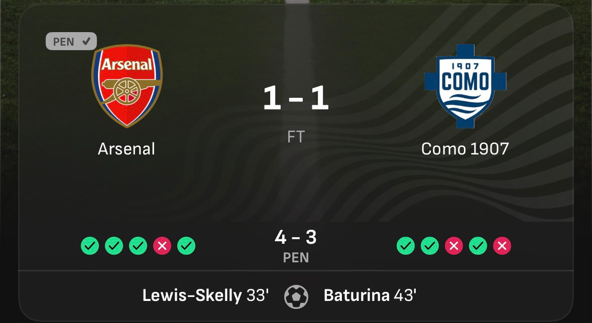 Arsenal draw 1-1 against Como (Photo credit: Softfootball media)