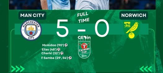 Man City 5-0 Norwich Carabao Cup result (photo credit: bbc media)