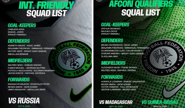 Contrasting Super Eagles squads for the AFCON 2027 qualifiers and the October friendly against Russia - Photo Credit : Super Eagles, X