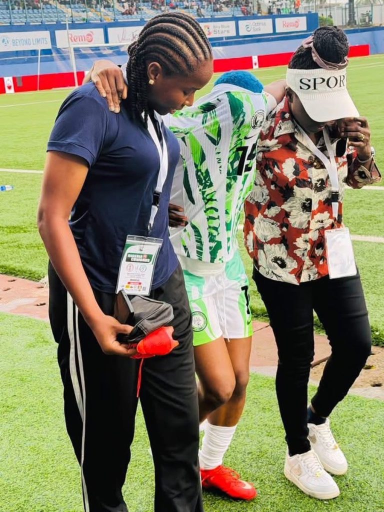 Rasheedat Ajibade in tears after an Ankle Injury in the second leg Super Falcons clash against Comoros - Photo Credit : Softfootball Media