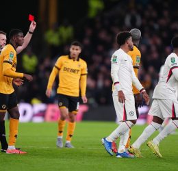 Liam Delap of Chelsea see red after a reckless challenge (Photo Credit: EFL Cup Facebook page)