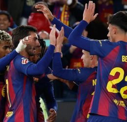 Barcelona players celebrate a goal. (Photo Credit: Barcelona Media).