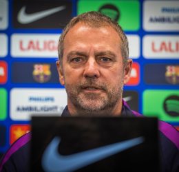 Barcelona coach Hansi Flick during the press conference (Photo Credit: Barcelona X handle)