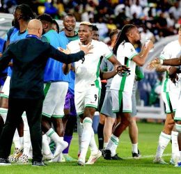 Nigeria players celebrate after getting a playoff spot (Photo Credit: Nigeria football X handle)