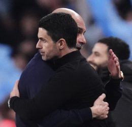 Mikel Arteta congratulates Pep Guardiola on Caraboa cup win- Photo credit: Fabrizio Romano via X