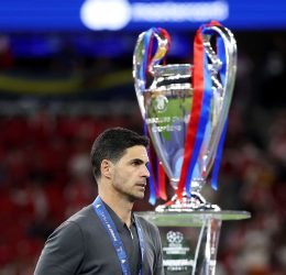 Mikel Arteta, sighting the UEFA Champions league trophy - Photo Credit : Fabrizio Romano, X