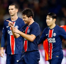 Paris St Germain's Joao Neves celebrates after Lee Kang-in scored their fourth goal - Photo Credit : REUTERS