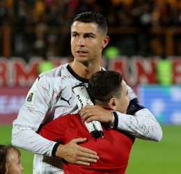 Cristiano Ronaldo comforts an emotional young mascot before a match (Photo Credit: Portugal's Media)