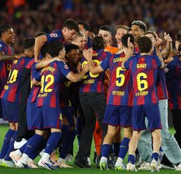 Barcelona players celebrate (photo credit: Reuters)