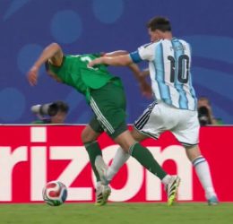 Messi challenge on Algeria defender Aissa Mandi (Photo credit: ESPN)