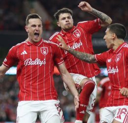 Chris Wood celebrates his goal for Nottingham Forest against Aston Villa. (photo credit: ESPN)