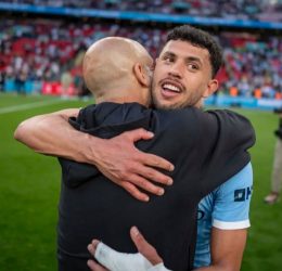 Pep Guardiola hugging Matheus Nunes (Photo credit: Man city media)