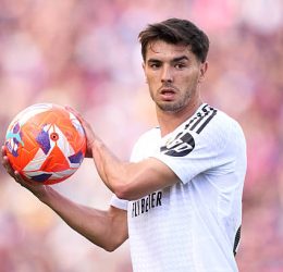 BARCELONA, SPAIN - MAY 11: Brahim Diaz of Real Madrid CF holds the ball during the LaLiga match between FC Barcelona and Real Madrid CF at Estadi Olimpic Lluis Companys on May 11, 2025 in Barcelona, Spain. (Photo by Alex Caparros/Getty Images)