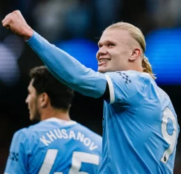 Erling Haaland has scored 50 career goals in the Champions league, the fastest player to do so. (Credit: Manchester City media).